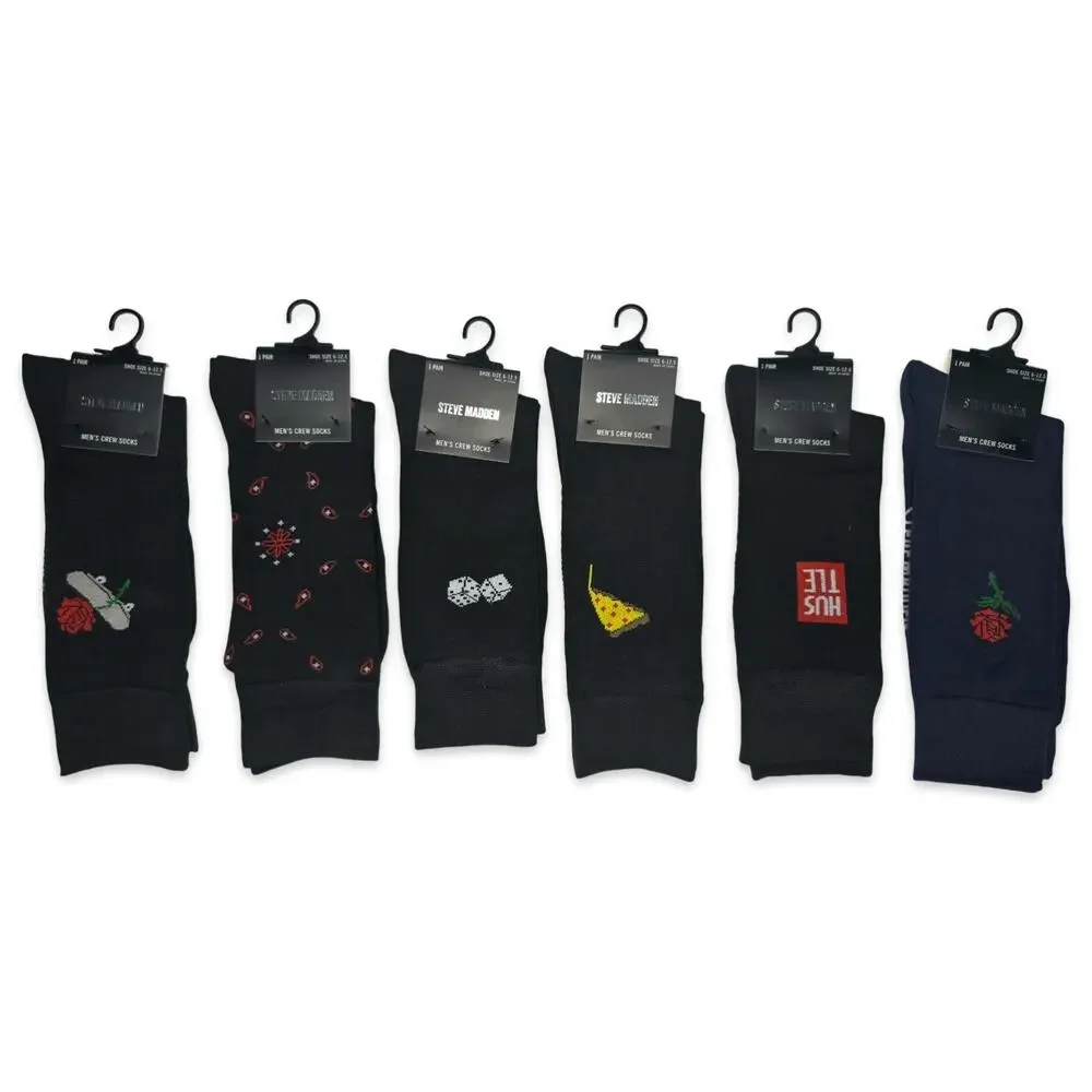 Steve Madden Men's Crew Socks‎ 6 Pair Pack Size 6–12.5 Novelty Fun Designs NEW